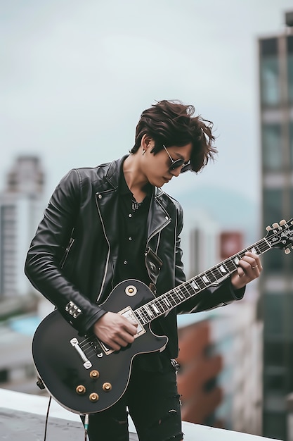 Foto gratuita vista de un hombre tocando un instrumento de guitarra eléctrica