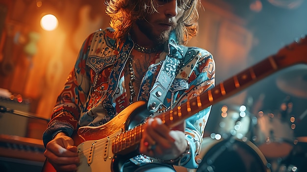 Vista de un hombre tocando un instrumento de guitarra eléctrica