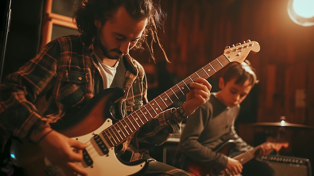 Foto gratuita vista de un hombre tocando un instrumento de guitarra eléctrica