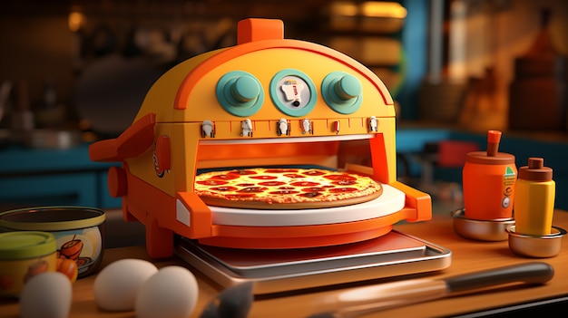 Foto gratuita vista del horno de dibujos animados con una deliciosa pizza en 3d