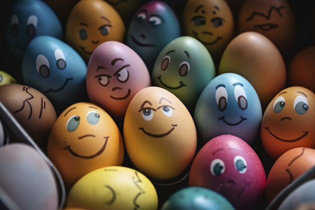 Vista de huevos de pascua con caras de dibujos animados