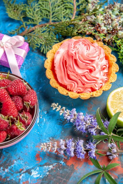Vista inferior tarta pequeña con tazón de rodaja de limón crema pastelera rosa con ramas de árbol de frambuesas en el cuadro azul