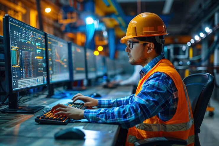 Foto gratuito vista de un ingeniero masculino en el trabajo para la celebración del día de los ingenieros