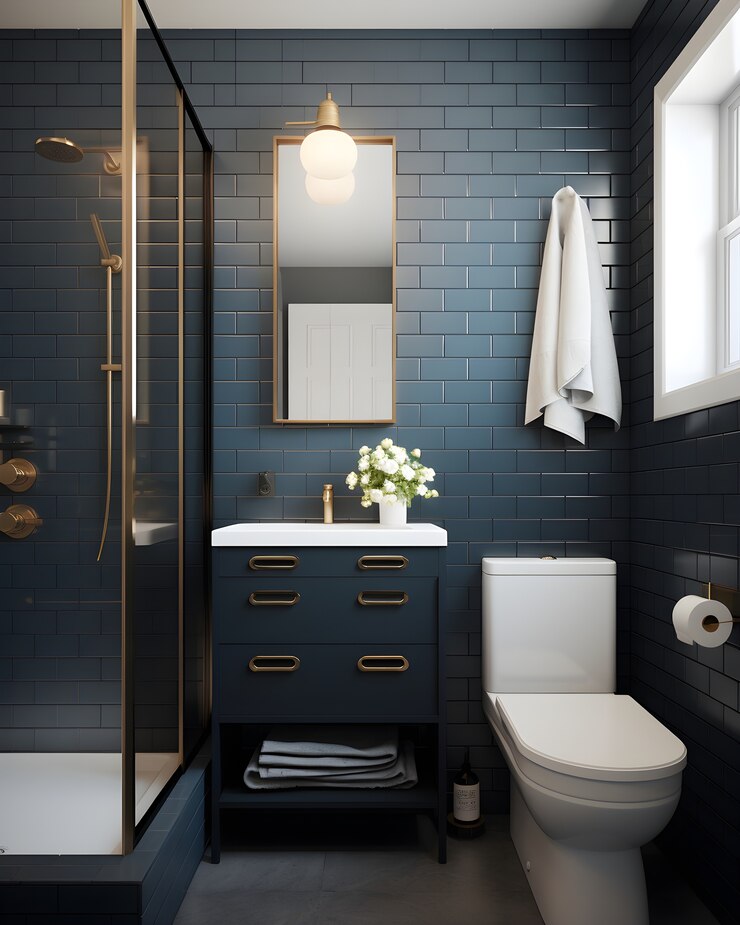 Foto gratuito vista del interior del baño pequeño con muebles y decoración de estilo moderno.