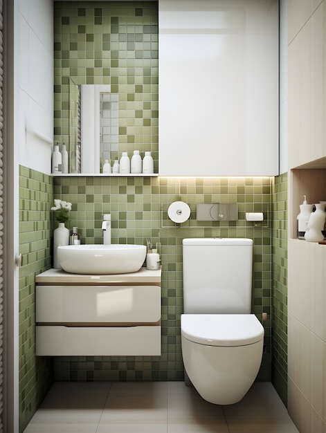 Foto gratuita vista del interior del baño pequeño con muebles y decoración de estilo moderno.