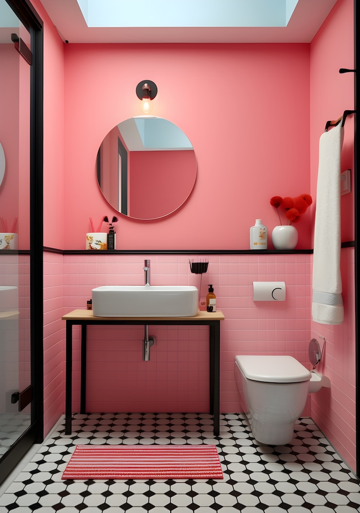 Foto gratuito vista del interior del baño pequeño con muebles y decoración de estilo moderno.