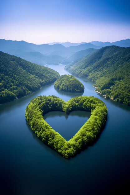 Vista de la isla en forma de corazón con vegetación.