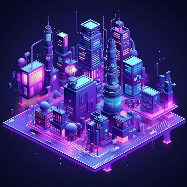 Vista isométrica de renderizado 3d de la ciudad de neón