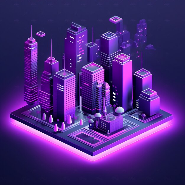 Vista isométrica de renderizado 3d de la ciudad de neón