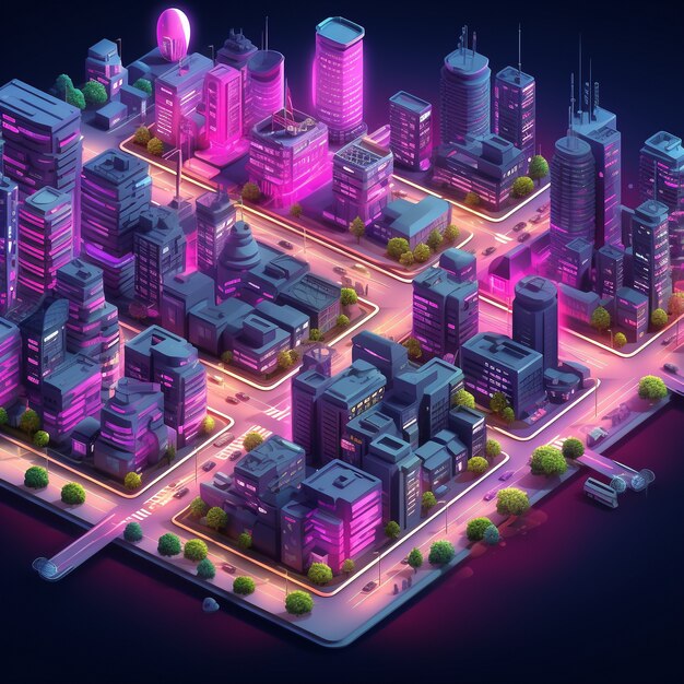 Vista isométrica de renderizado 3d de la ciudad de neón