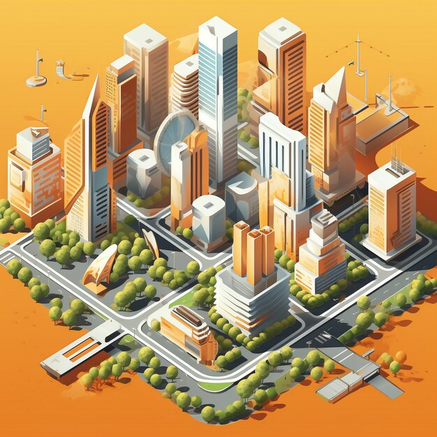 Vista isométrica de renderizado 3d de la ciudad de neón