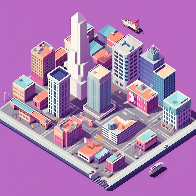 Vista isométrica de renderizado 3d de la ciudad de neón