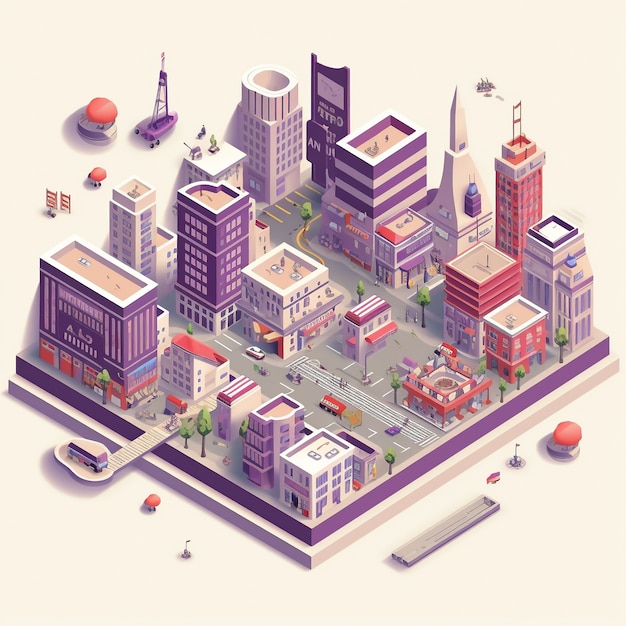 Vista isométrica de renderizado 3d de la ciudad de neón