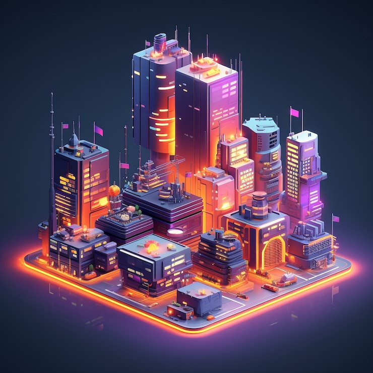 Foto gratuito vista isométrica de renderizado 3d de la ciudad de neón