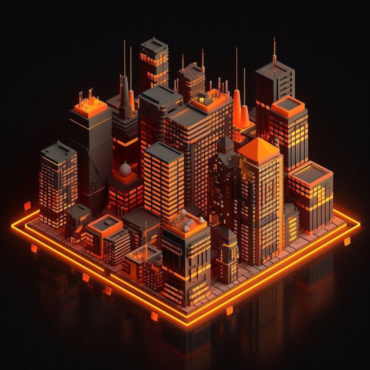 Foto gratuito vista isométrica de renderizado 3d de la ciudad de neón