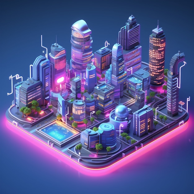 Vista isométrica de renderizado 3d de la ciudad de neón