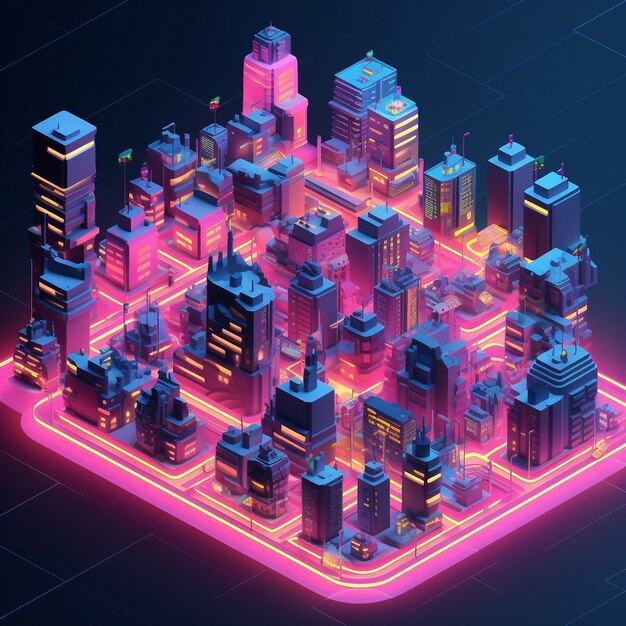Vista isométrica de renderizado 3d de la ciudad de neón