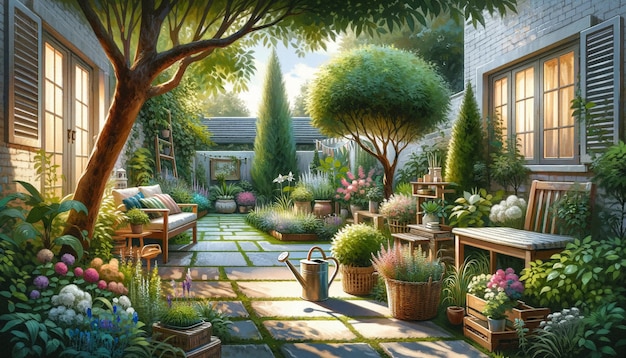 Vista del jardín del patio trasero en estilo de arte digital