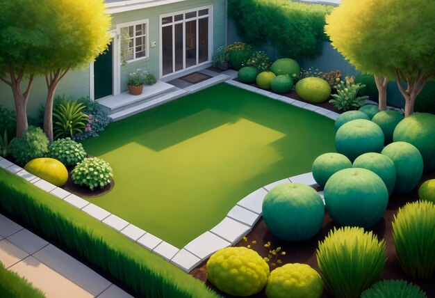 Vista del jardín del patio trasero en estilo de arte digital