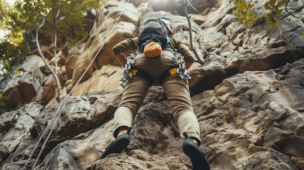 Vista de un joven escalando rocas y practicando el entrenamiento de bouldering