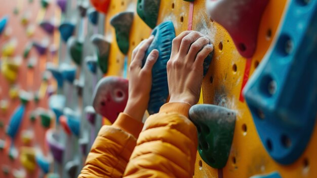 Vista de un joven escalando rocas y practicando el entrenamiento de bouldering