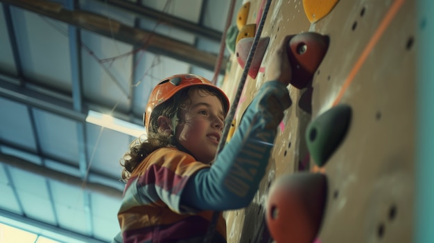 Vista de un joven escalando rocas y practicando el entrenamiento de bouldering