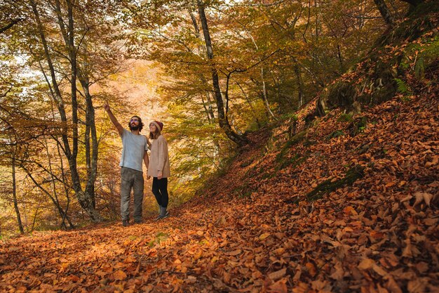 Vista de una joven pareja admirando el bosque cubierto por hojas en otoño