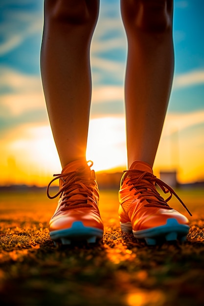 Foto gratuita vista del jugador de fútbol en el campo al atardecer