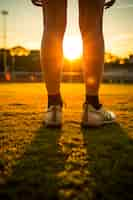 Foto gratuita vista del jugador de fútbol en el campo al atardecer