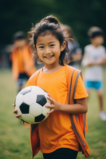 Foto gratuita vista del jugador de fútbol infantil con pelota