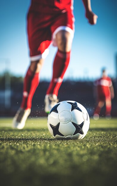 Foto gratuita vista de un jugador de fútbol masculino con la pelota en el campo.