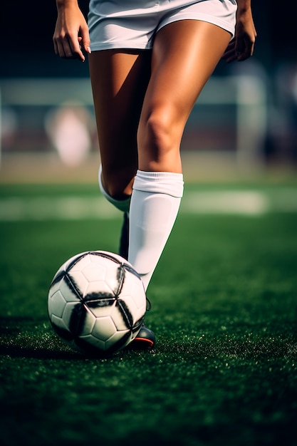 Vista del jugador de fútbol con pelota en el campo de hierba