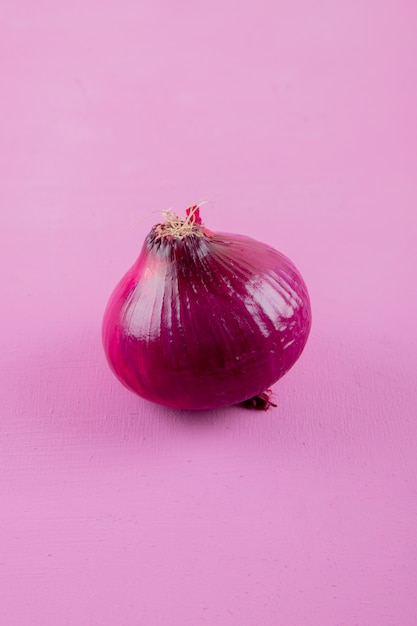 Foto gratuita vista lateral de cebolla roja sobre fondo morado con espacio de copia