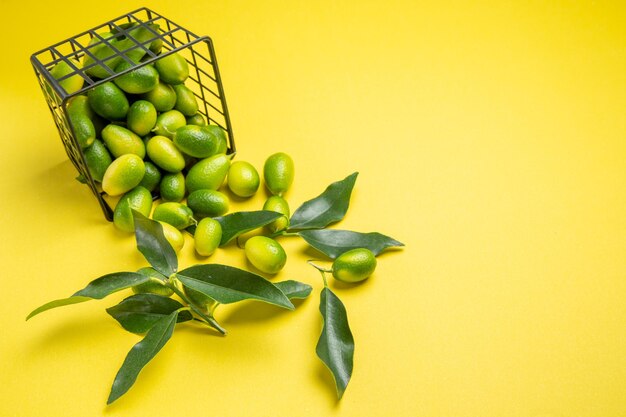 Vista lateral cercana cítricos cesta gris de frutas cítricas con hojas sobre fondo amarillo