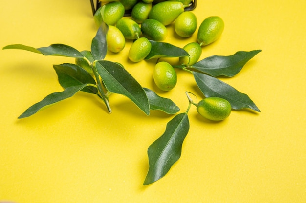 Vista lateral cercana cítricos frutas cítricas con hojas en el centro de la mesa