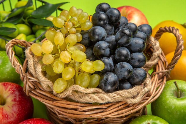 Vista lateral cercana frutas manzanas racimos de uvas caquis cítricos