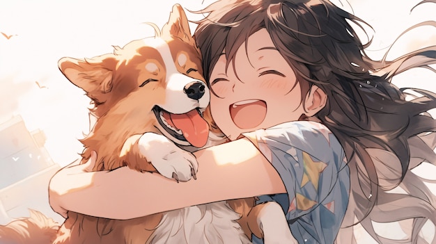 Foto gratuita vista lateral de una chica anime abrazando a un perro