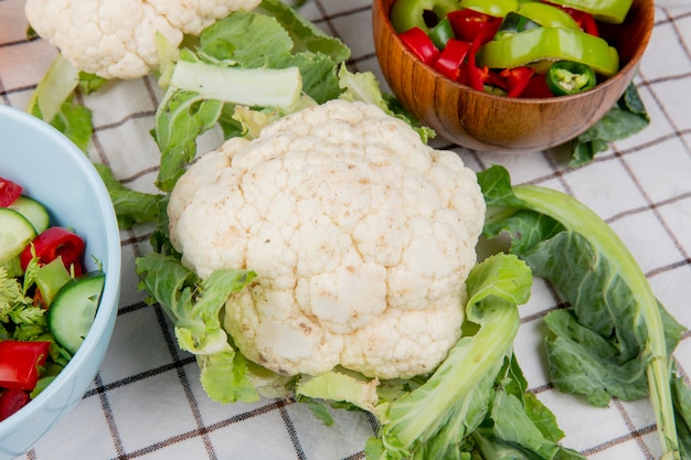 Foto gratuita vista lateral de coliflor con pimientos en rodajas y ensalada de verduras sobre tela escocesa