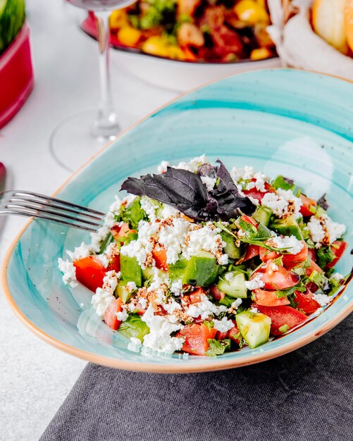 Vista lateral de ensalada fresca con tomate, pepino, queso y albahaca