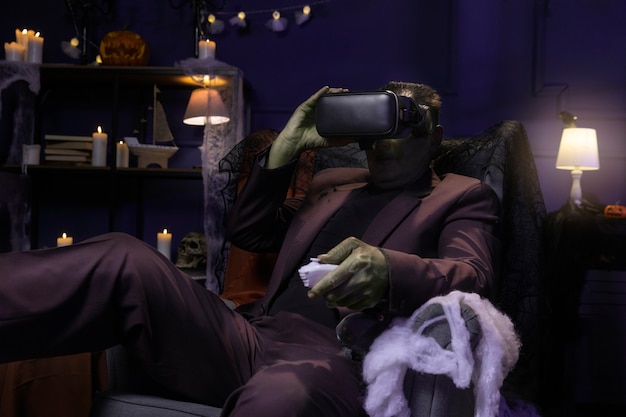 Foto gratuita vista lateral de frankenstein con gafas vr