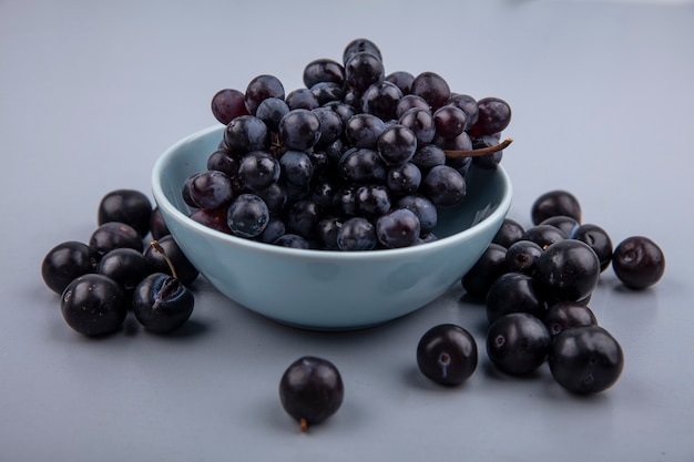 Vista lateral de frutas como uva en un tazón y endrinas sobre fondo gris
