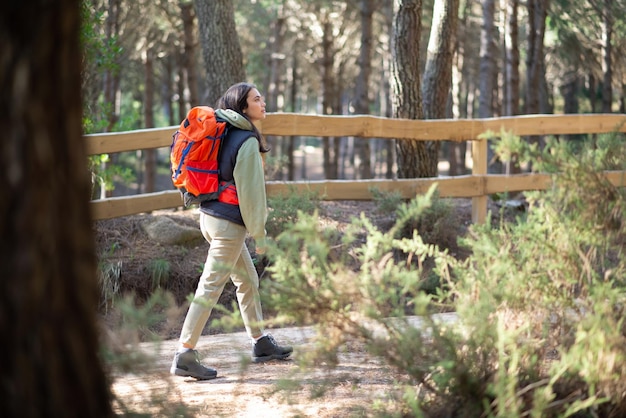 Vista lateral de una hermosa excursionista femenina. Mujer caucásica con ropa informal con cabello oscuro y mochila grande. Hobby, concepto de naturaleza