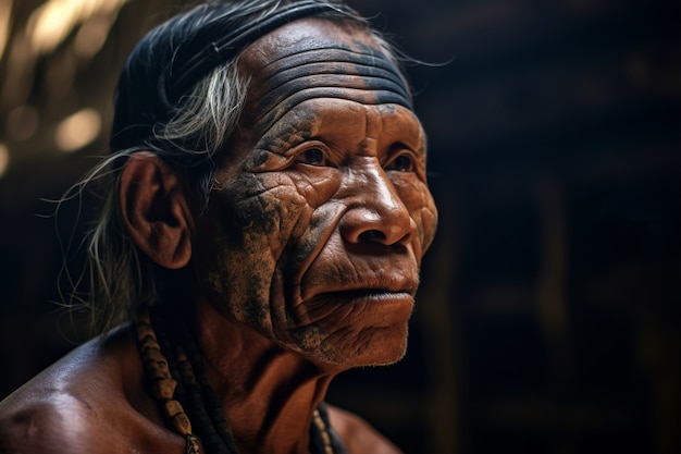 Vista lateral hombre anciano con fuertes rasgos étnicos