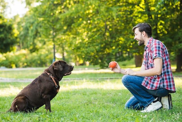 Vista lateral de un hombre feliz jugando con su perro