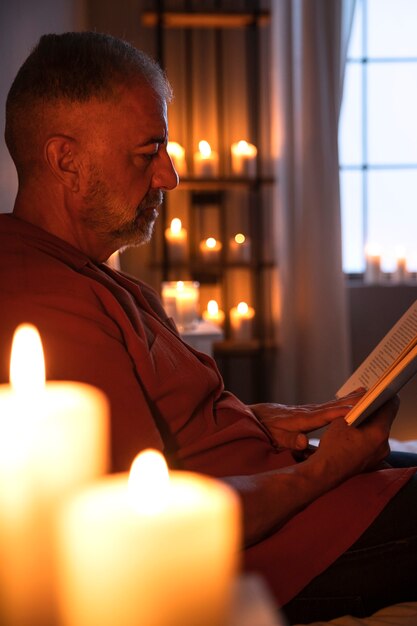 Vista lateral hombre leyendo con velas