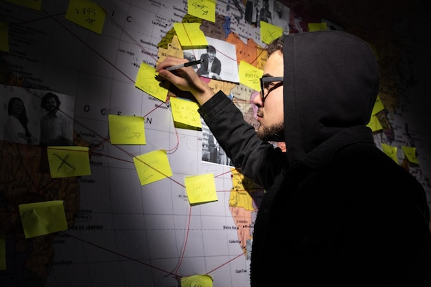 Foto gratuita vista lateral del hombre que planea un ataque de piratas informáticos en una habitación oscura. hombre escribiendo en la pared con pegatinas, fotografías e hilos rojos. planificación, conspiración, concepto de piratería.