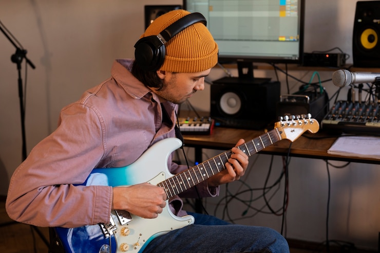 Foto gratuito vista lateral hombre tocando la guitarra