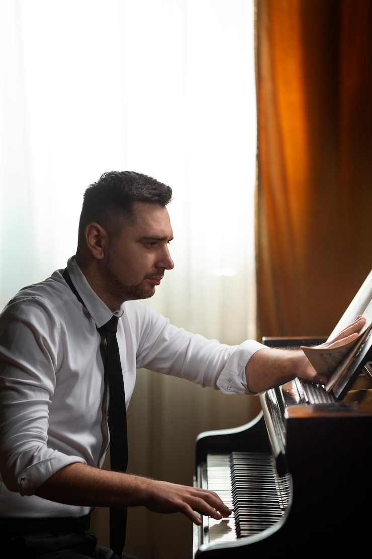 Foto gratuito vista lateral hombre tocando el piano