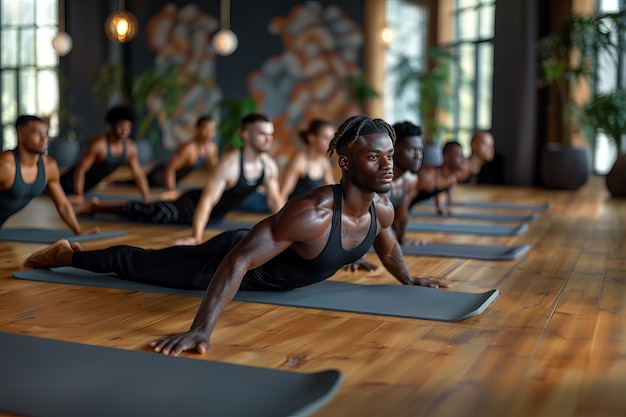 Vista lateral de hombres negros practicando yoga
