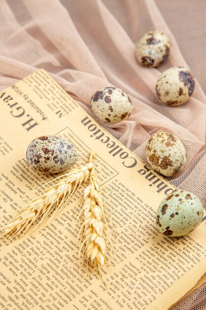 Vista lateral de huevos de granja avícola orgánicos frescos en un periódico viejo en una toalla de color nude